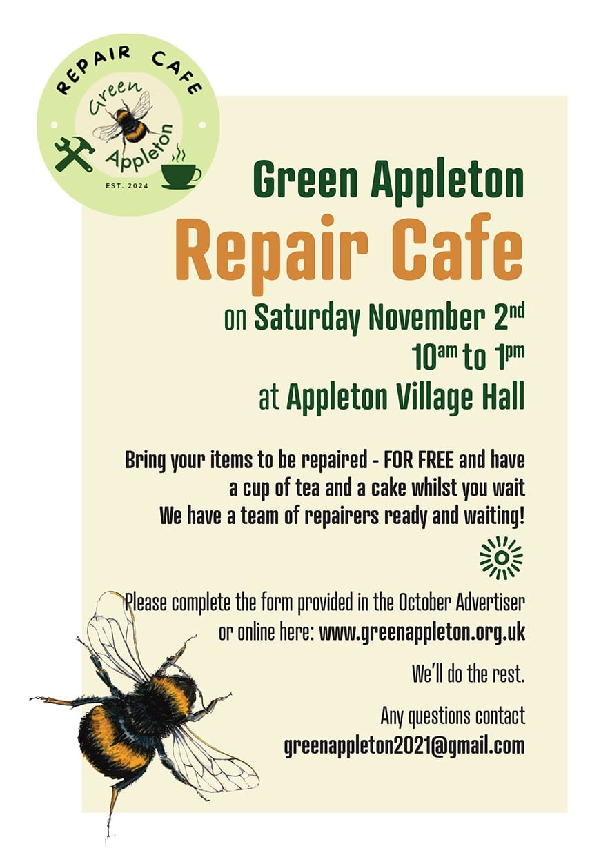 Green Appleton Repair Cafe 2nd November Village Hall 10am