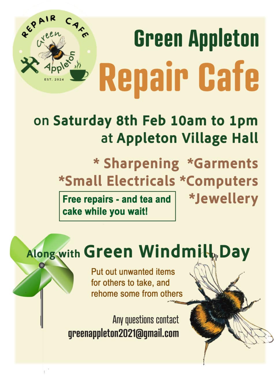 Green Appleton Repair Cafe 8th February 2025 2pm Appleton Village Hall